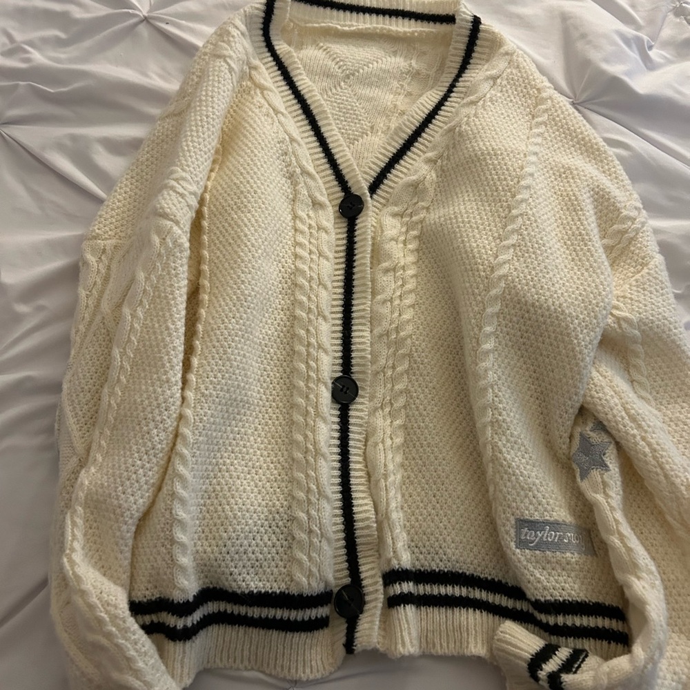 Taylor Swift Cream Cardigan with Black Accents